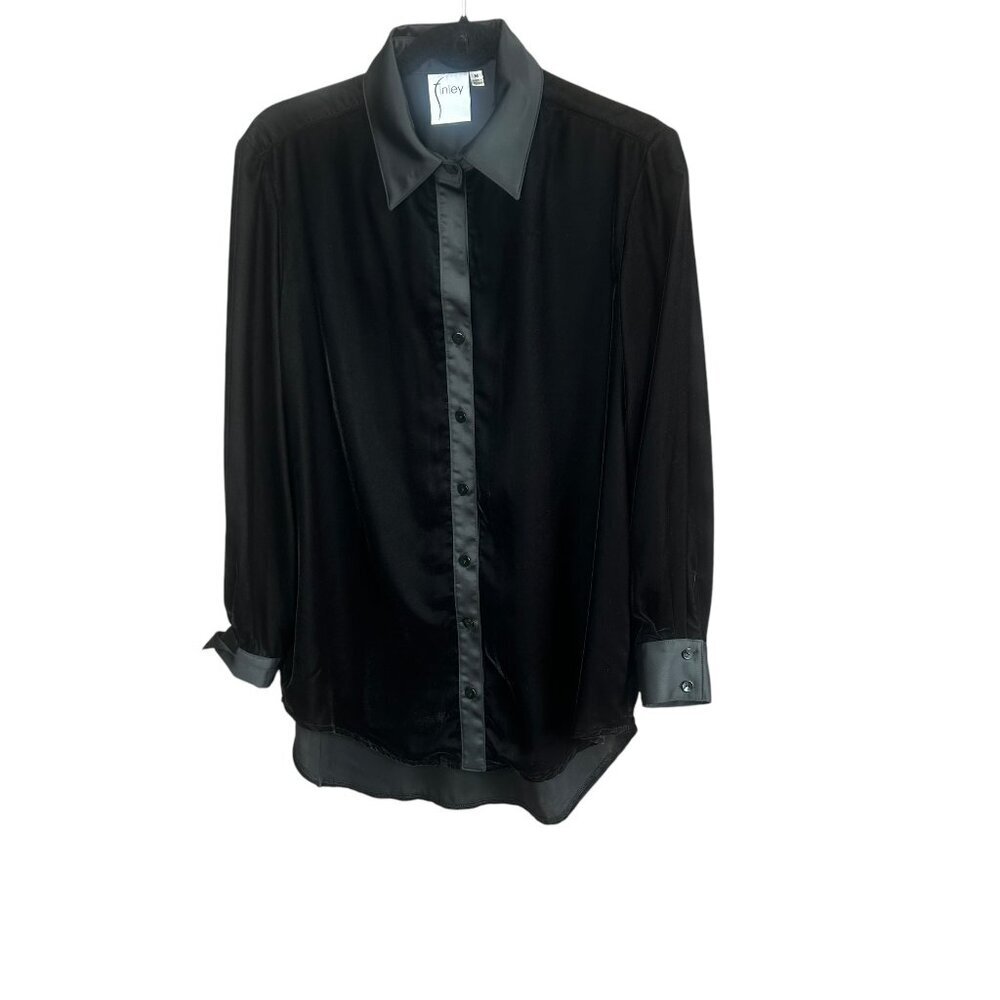 Finley Black Velvet Satin Tier Collar Cuffs and Front Placket Blouse Size Medium